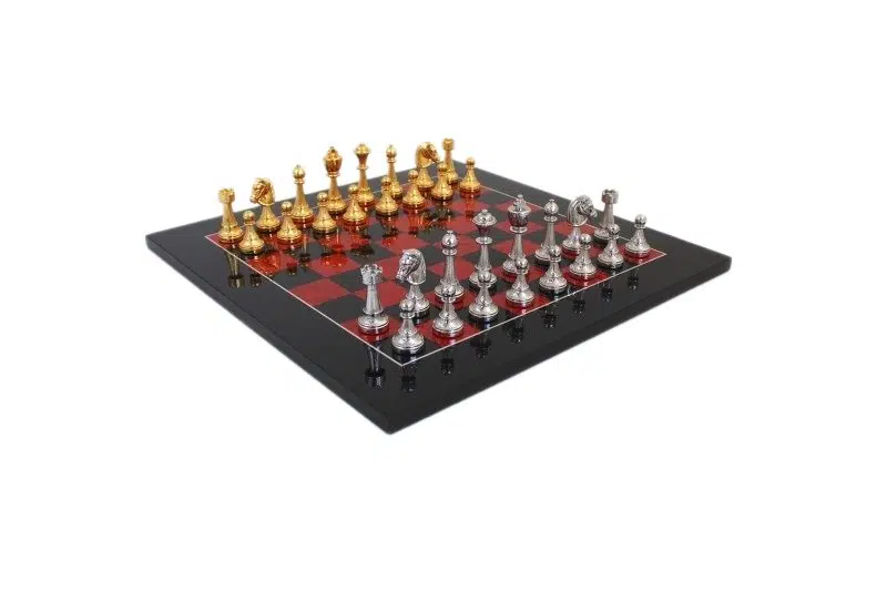 Floral Chess Set - Glossy Black and Red Briar Wood Chess Board & Gold and Silver-Plated Metal Chess Pieces