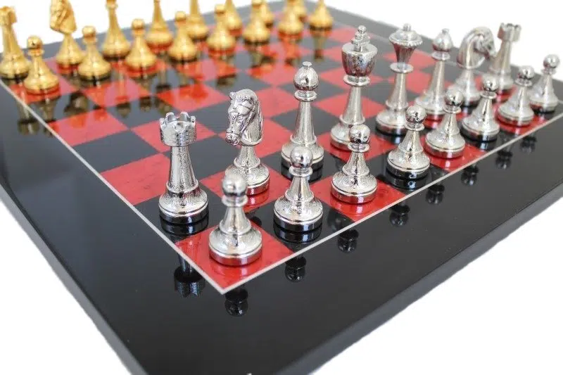 Floral Chess Set - Glossy Black and Red Briar Wood Chess Board & Gold and Silver-Plated Metal Chess Pieces - Image 2
