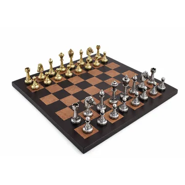 Complete Staunton metal chess set on genuine leather chess board