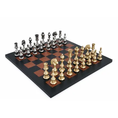 Grand Oriental chess set in solid brass on a genuine leather chess board