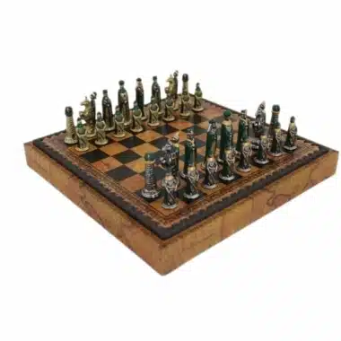 Medieval Chess Set - Faux Leather Chess & Draughts Board with Storage Compartment & Metal Chess Pieces