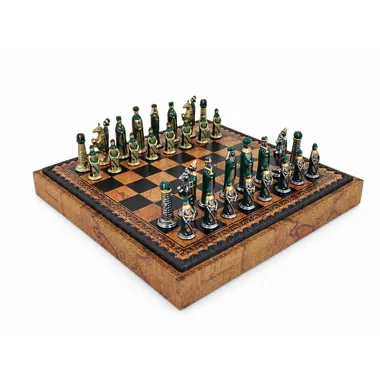Complete medieval chess set on faux leather board with storage