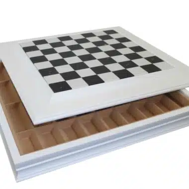 White Lacquered Wood Chess Board with Black and White Marble Top and Storage