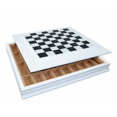 Chess board in white lacquered wood, marble surface, open storage drawer