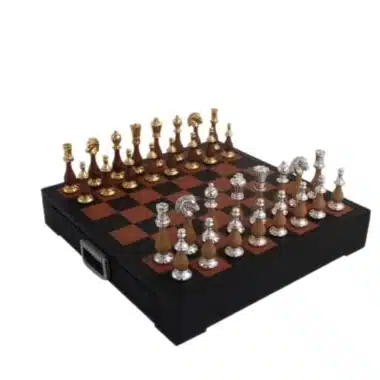 Wooden and Gold & Silver-Plated Metal Chess Set with Leather Chess Board and Storage Drawer