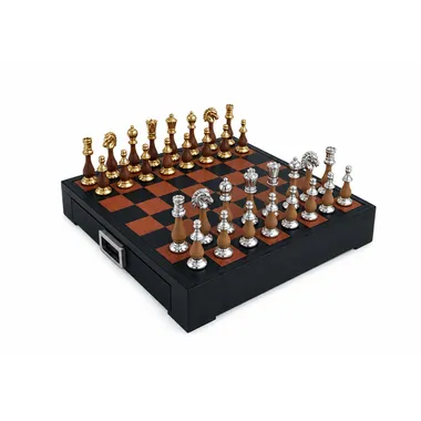 Chess set in wood and gold and silver plated metal on leather board with storage drawer