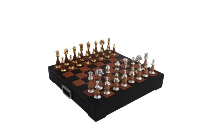 Wooden and Gold & Silver-Plated Metal Chess Set with Leather Chess Board and Storage Drawer