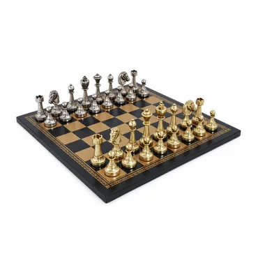 Staunton metal chess set on faux leather chessboard, overall view