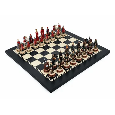 England VS Scotland chess set arranged on a black and light wood board