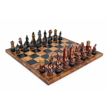 Complete Camelot chess set on faux-leather chess board, angled view