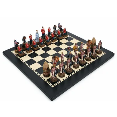 Chess set British vs Zulus arranged on the wooden chessboard