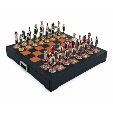 Complete Italian Renaissance chess set on leather board with drawer storage