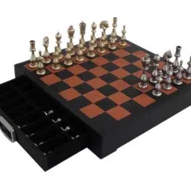 Large Metal Chess Set & Genuine Leather Chess Board with Storage Drawer