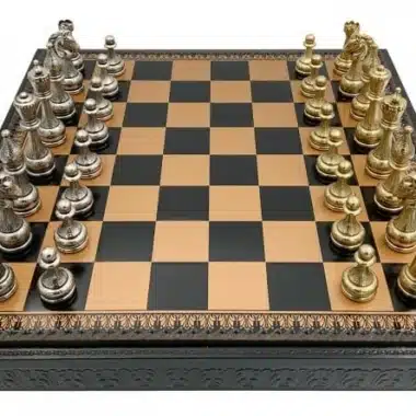Floral Chess Set – Chess Board, Draughts & Backgammon in Gold/Black Faux Leather with Storage Compartment & Metal Chess Pieces