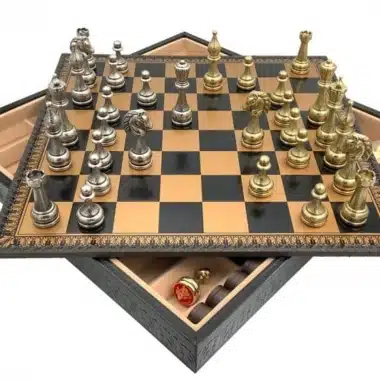 Alternative view of Floral Chess Set – Chess Board, Draughts & Backgammon in Gold/Black Faux Leather with Storage Compartment & Metal Chess Pieces