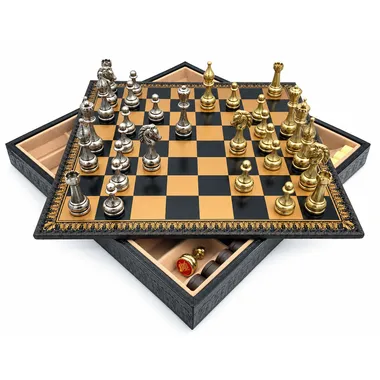 Open storage box beneath the chess board with chess pieces stored inside