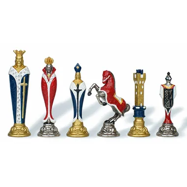 Close-up of the red pieces: queen, bishop, knight and rook