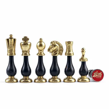 Chess pieces in brass and black wood, lined up by size on a white background