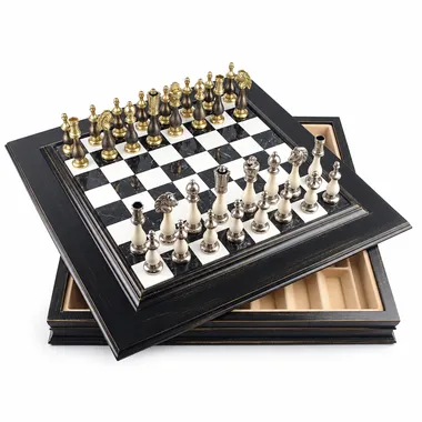 Open box showing the interior storage beneath the board and Staunton pieces