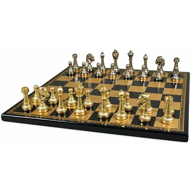 Gold and silver Staunton pieces arranged on the faux leather chessboard
