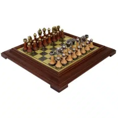 Wooden-Framed Chess Board with Brass-Effect Playing Surface & Staunton Chess Set in Metal and Wood