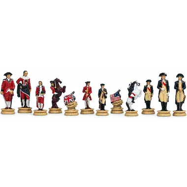 Chess pieces soldiers with unfurled British and American flags
