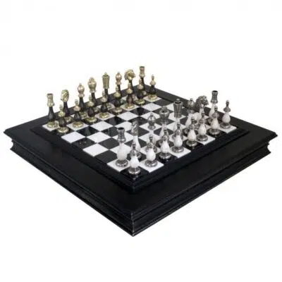 Black and White Staunton Chess Set - Marble and Wood Chess Board with Storage & Wood and Metal Chess Pieces