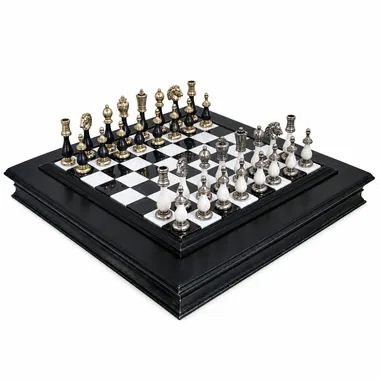 Complete black and white Staunton chess set with marble board and storage box