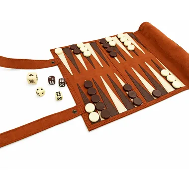Roll-up brown backgammon set open with pieces and dice arranged
