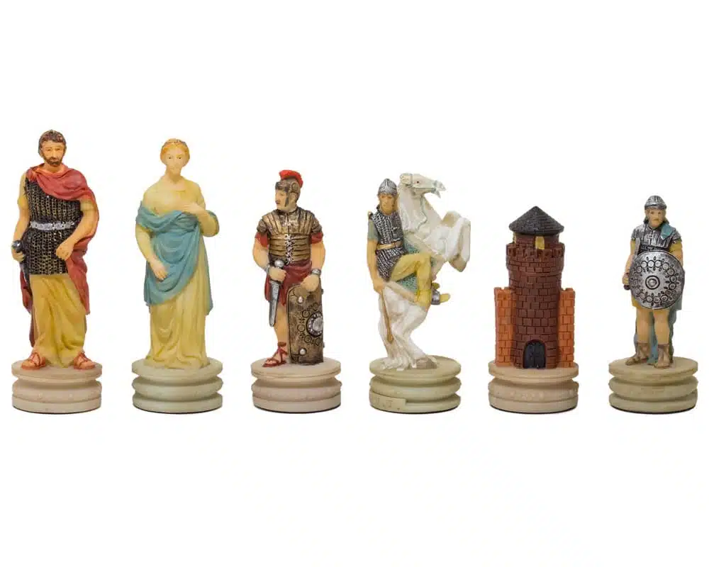 Romans vs Greeks Chess Set in Resin with Golden and Blue Faux Leather Chess Board and Storage Compartment - Image 5