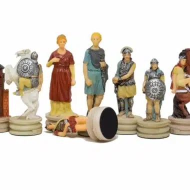 Alternative view of Romans vs Greeks Resin Chess Set with Blue and White Briarwood Chess Board