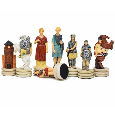 Resin chess pieces depicting Roman and Greek soldiers, close-up detail
