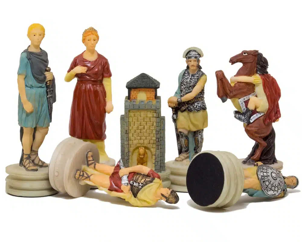 Romans vs Greeks Chess Set in Resin with Golden and Blue Faux Leather Chess Board and Storage Compartment - Image 2