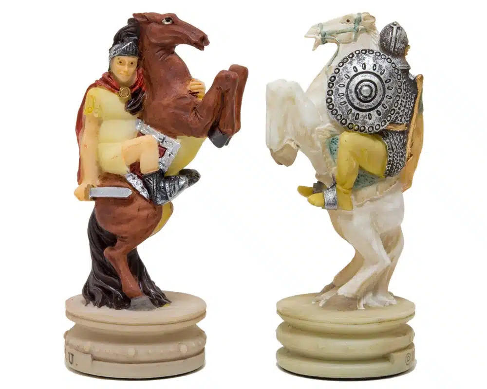 Rome's Conquest of Greece Resin Chess Set & Burgundy and Gold Faux Leather Chess Board - Image 6