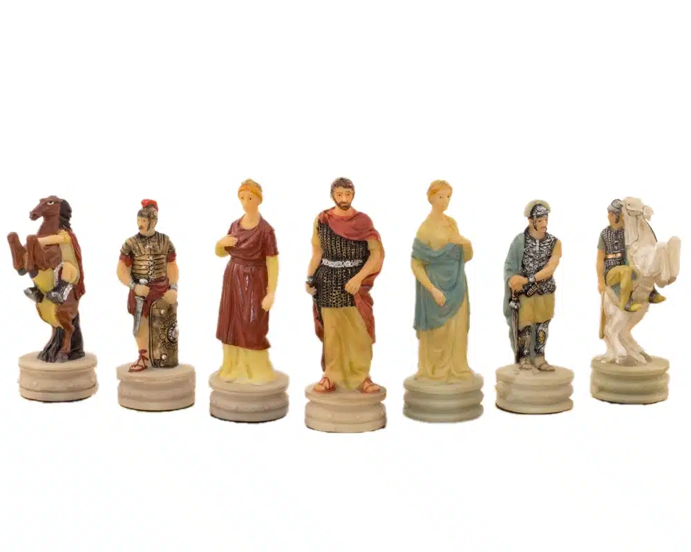Rome's Conquest of Greece Resin Chess Set & Burgundy and Gold Faux Leather Chess Board - Image 5