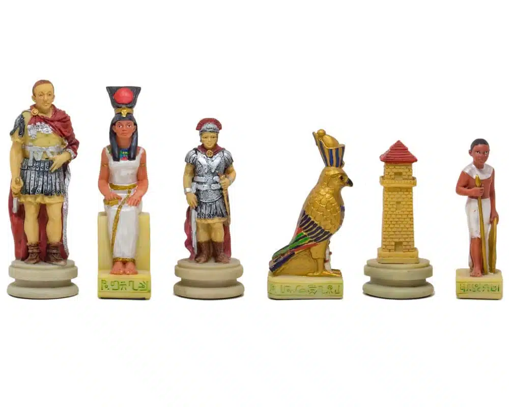 Romans vs Egyptians Resin Chess Set & Burgundy Faux Leather Chess Board - Image 5