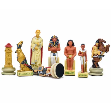 Egyptian resin pieces, pharaoh, falcon and seated figures