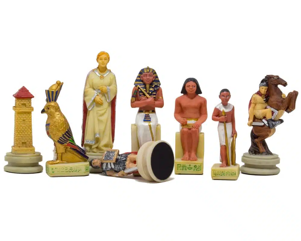 Romans vs Egyptians Resin Chess Set & Burgundy Faux Leather Chess Board - Image 3