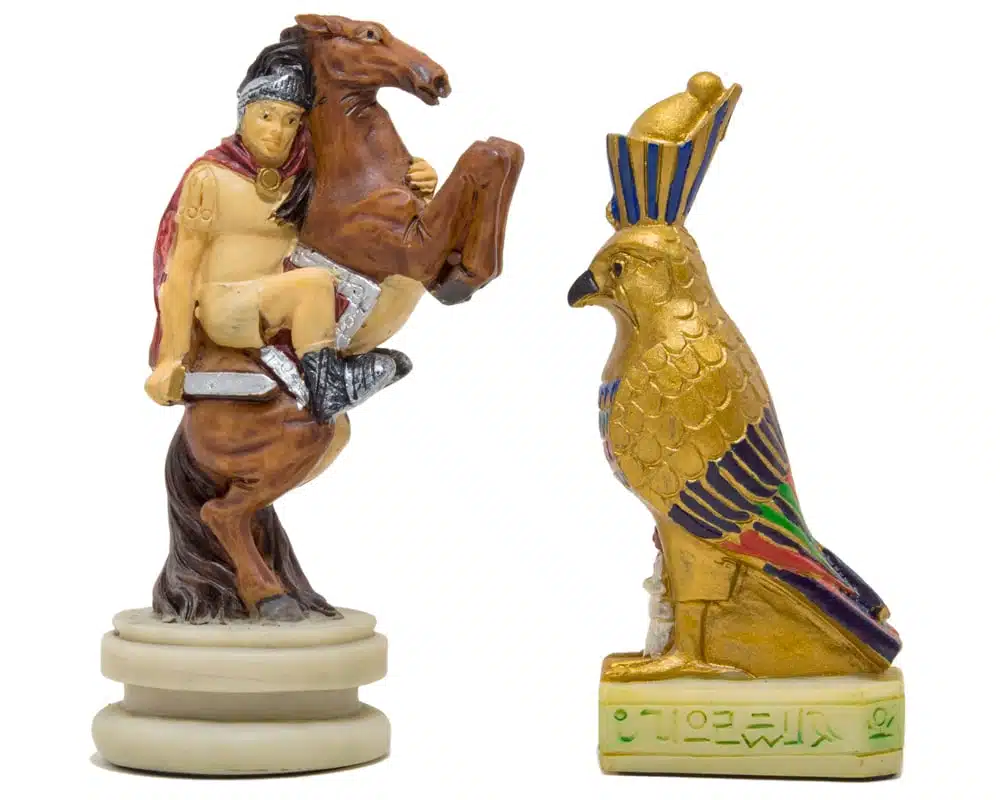 Romans vs Egyptians Resin Chess Set & Burgundy Faux Leather Chess Board - Image 6