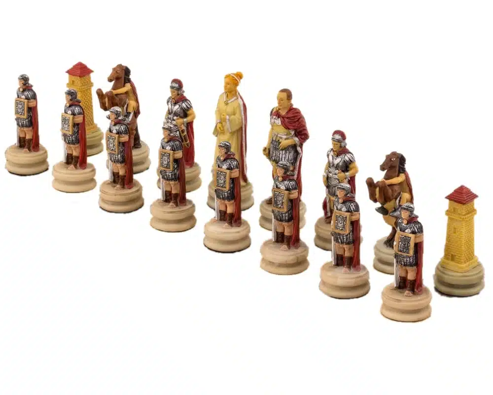 Romans vs Egyptians Resin Chess Set & Burgundy Faux Leather Chess Board - Image 8