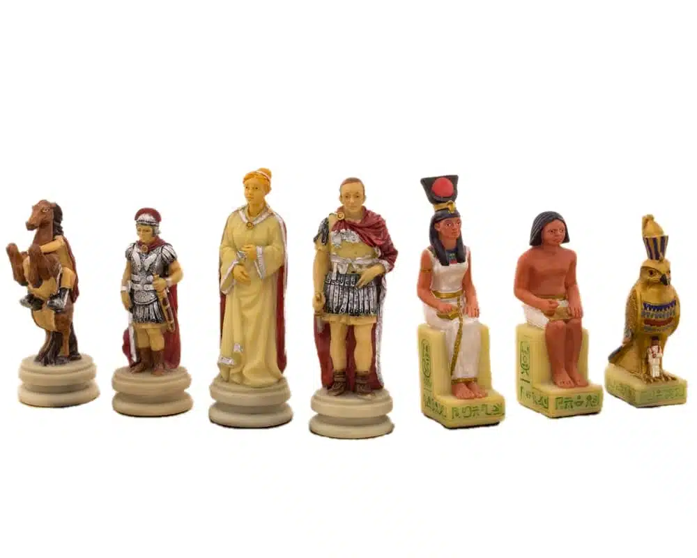 Romans vs Egyptians Resin Chess Set & Burgundy Faux Leather Chess Board - Image 4