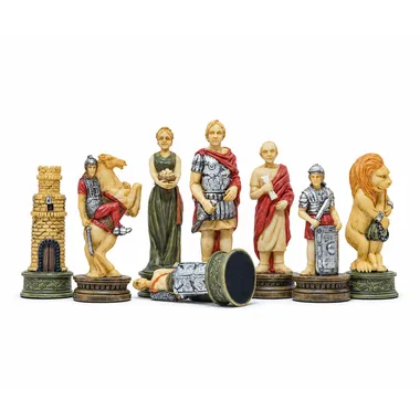 Romans vs Gladiators chess pieces: rook, knight, queen, king, bishop and lion