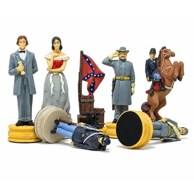 Detailed chess pieces: civilians, Confederate flag, general and mounted cavalryman