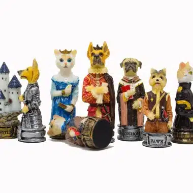 Alternative view of Cats and Dogs Resin Chess Set with Burgundy and Gold Faux Leather Chess Board