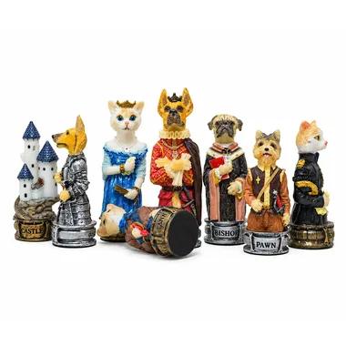 Dogs and cats resin chess pieces lined up, close-up of the figurines