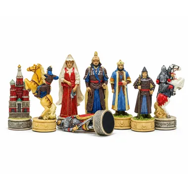Mongol Domination chess set, detail of the Russian pieces with rook and knight