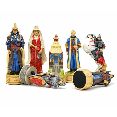 Detailed chess pieces featuring Mongol warriors and Russian knight on horseback