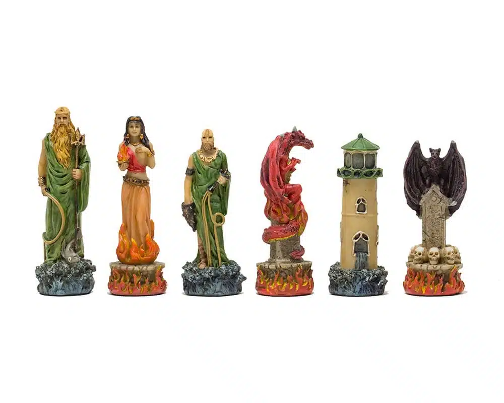 Fantasy Water vs Fire Resin Chess Set with Brown and Black Faux Leather Chess Board - Image 7
