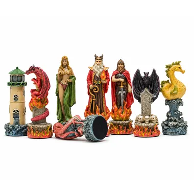 Fire side pieces: dragon, rook, wizard, king, queen and winged creature