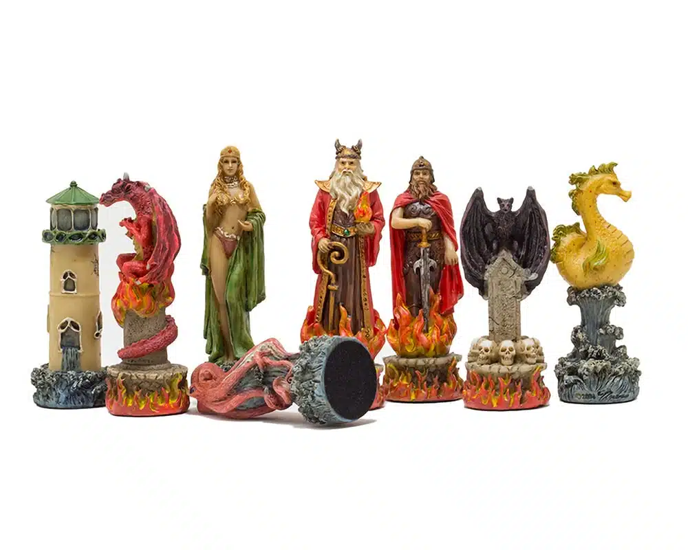 Fantasy Water vs Fire Resin Chess Set with Brown and Black Faux Leather Chess Board - Image 2